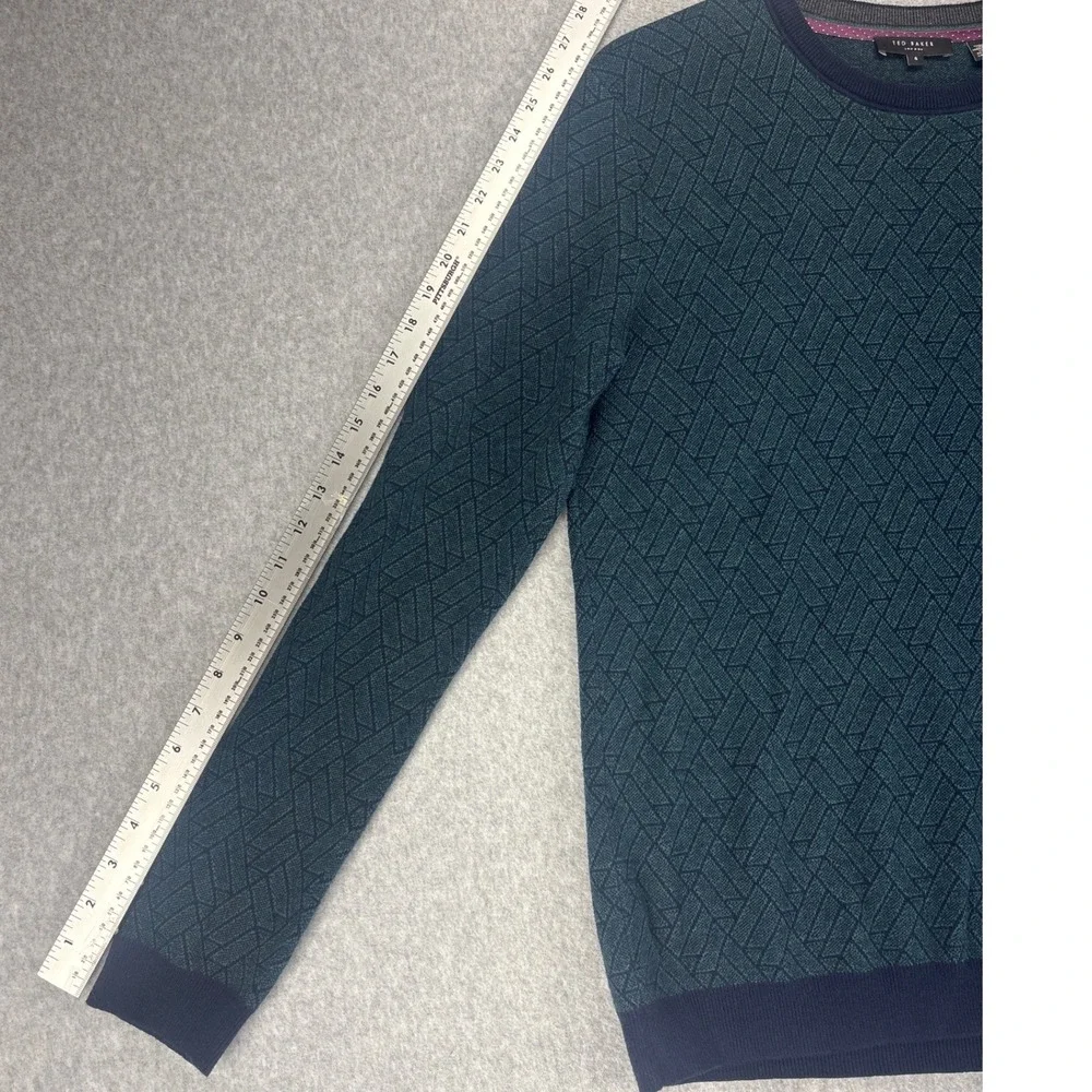 Ted Baker Mens L Sweater Cashmere Geometric Teal Navy Crewneck Academia Preppy